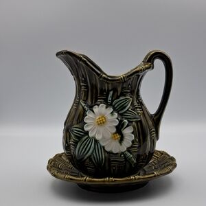 Vintage Japan Green Bamboo and White Daisy Pitcher Creamer and Saucer